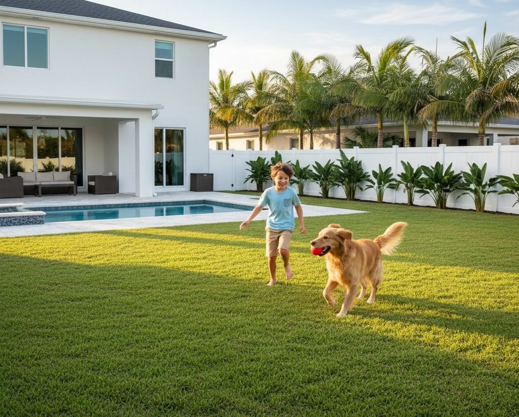 image of child running with dog in a clean backyard