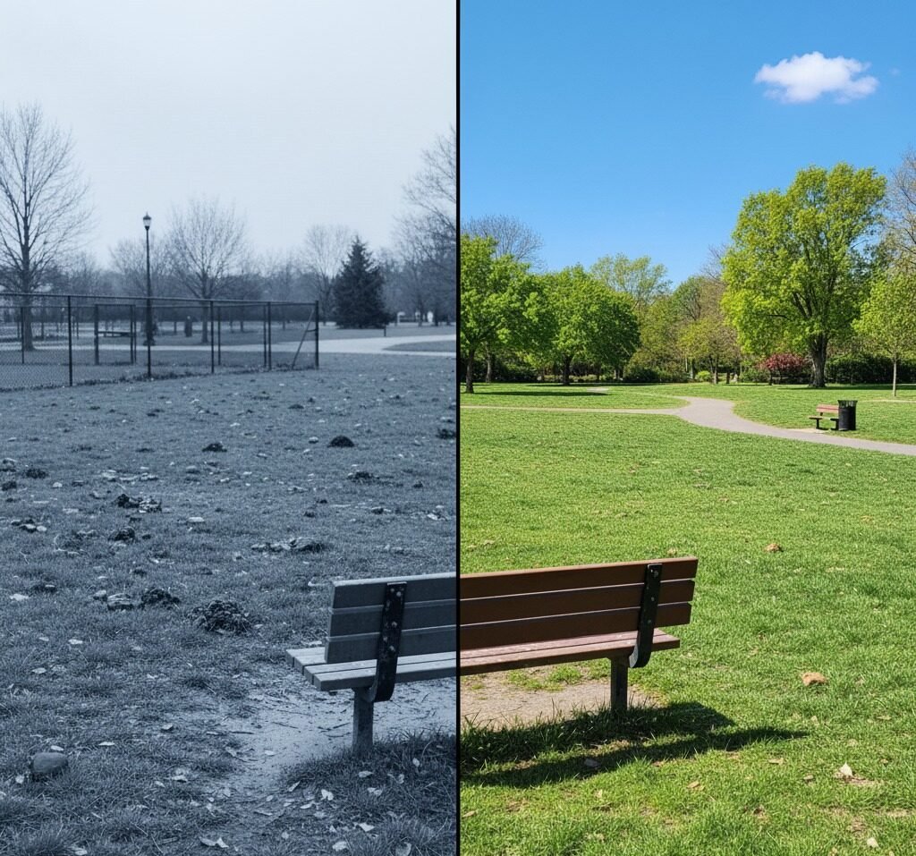Before and after pet waste cleanup in a community outdoor area